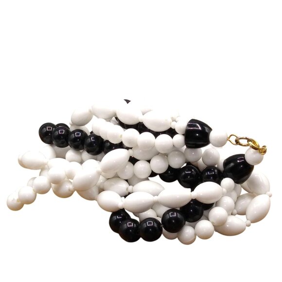 Black and White Torsade Necklace, 4 Strand Plastic Beads, Unique Coordinating - Picture 3 of 3